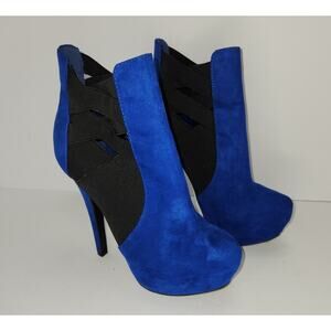 Shi by Journeys Blue Black Fabric Booties ULTRA High Heels Women's Sz 7 Shoes